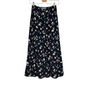 Vintage Rebellious Navy Floral Button-Front Midi Skirt Cottagecore 90s Small